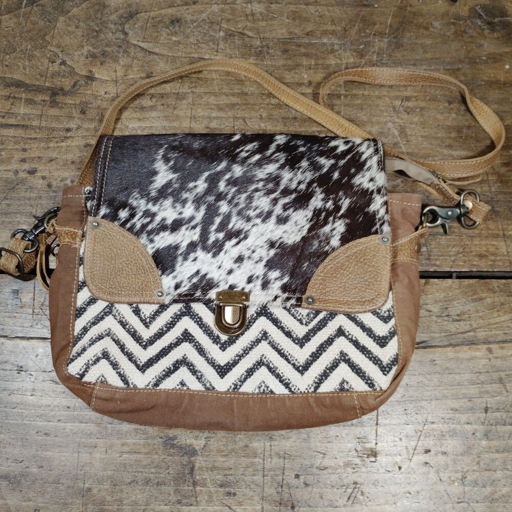 Myra Western Shoulder Bag Cotton Leather Cowhide Crossbody Purse Flap Brown